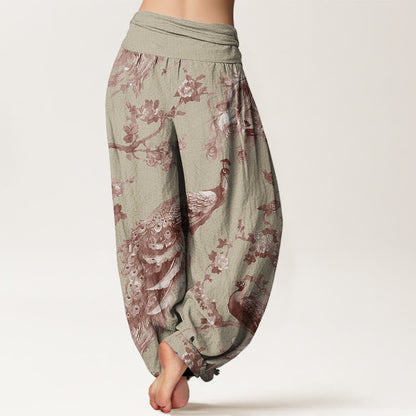 Mythstone Casual Peacock Perched On Branch Petals Women's Elastic Waist Harem Pants