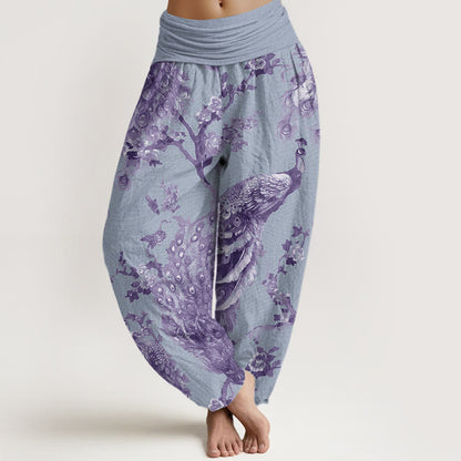 Mythstone Casual Peacock Perched On Branch Petals Women's Elastic Waist Harem Pants