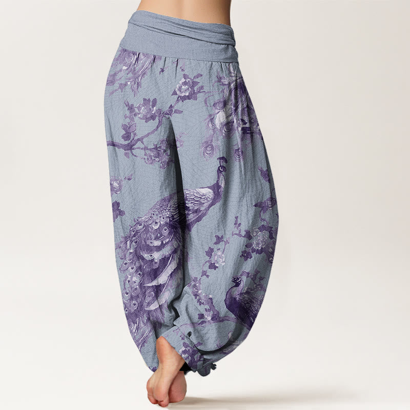 Mythstone Casual Peacock Perched On Branch Petals Women's Elastic Waist Harem Pants