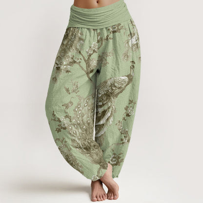 Mythstone Casual Peacock Perched On Branch Petals Women's Elastic Waist Harem Pants