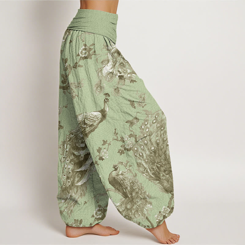 Mythstone Casual Peacock Perched On Branch Petals Women's Elastic Waist Harem Pants