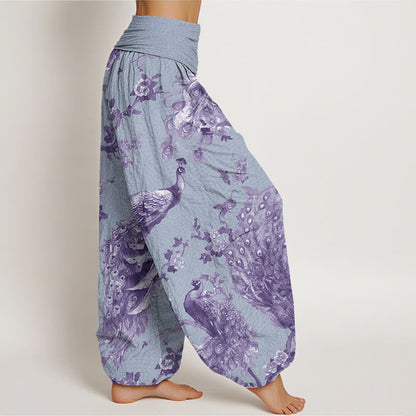 Mythstone Casual Peacock Perched On Branch Petals Women's Elastic Waist Harem Pants