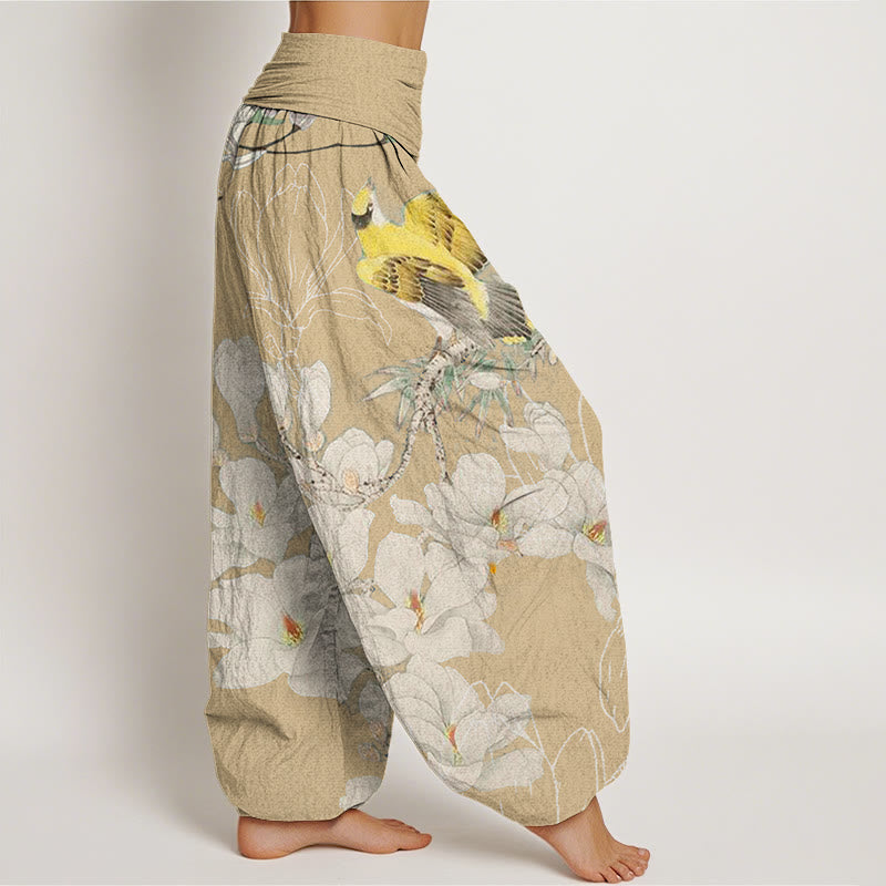 Mythstone Casual Magnolia Yellow Bird Women's Elastic Waist Harem Pants