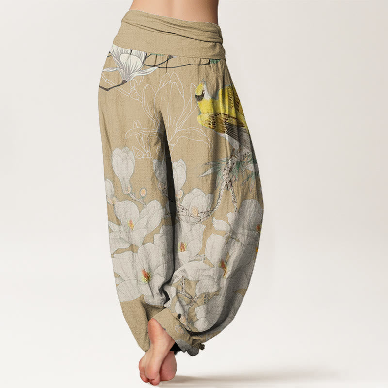 Mythstone Casual Magnolia Yellow Bird Women's Elastic Waist Harem Pants