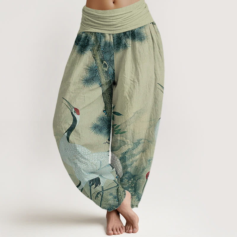 Mythstone Casual Red-crowned Crane Pine Tree Mountain Women's Elastic Waist Harem Pants