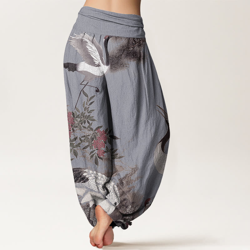 Mythstone Casual Red-crowned Crane Pine Tree Mountain Women's Elastic Waist Harem Pants