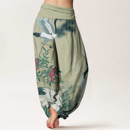 Mythstone Casual Red-crowned Crane Pine Tree Mountain Women's Elastic Waist Harem Pants