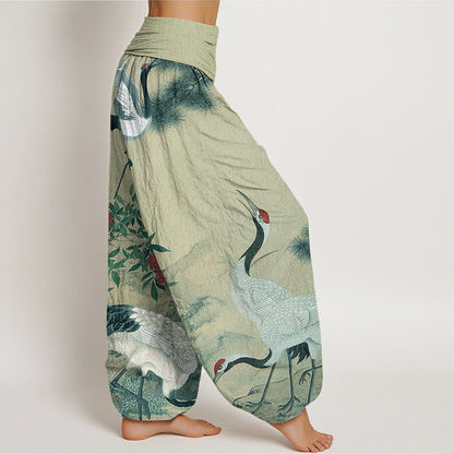 Mythstone Casual Red-crowned Crane Pine Tree Mountain Women's Elastic Waist Harem Pants