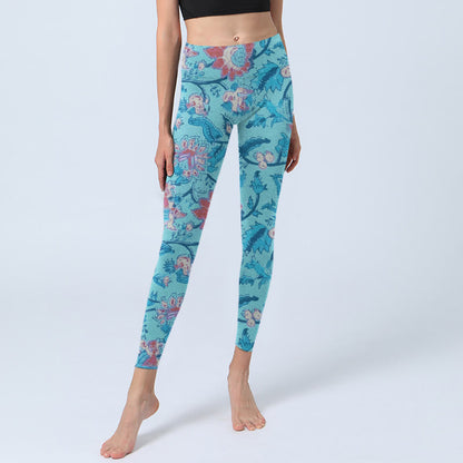 Mythstone Blue Red Flowers Leaves Print Gym Leggings Women's Yoga Pants