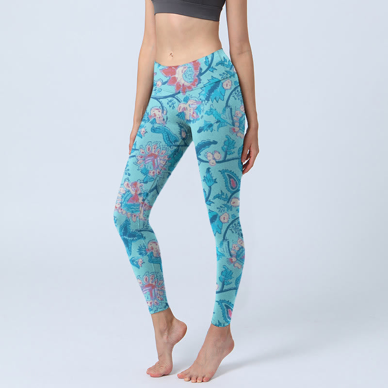 Mythstone Blue Red Flowers Leaves Print Gym Leggings Women's Yoga Pants