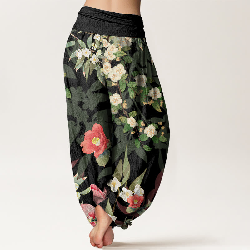 Mythstone Vibrant Blooming Lotus Flower Lush Branches Women's Elastic Waist Harem Pants