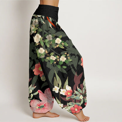 Mythstone Vibrant Blooming Lotus Flower Lush Branches Women's Elastic Waist Harem Pants