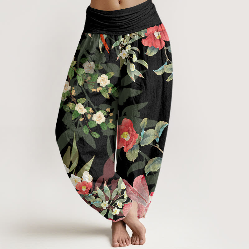 Mythstone Vibrant Blooming Lotus Flower Lush Branches Women's Elastic Waist Harem Pants