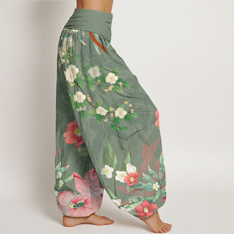 Mythstone Vibrant Blooming Lotus Flower Lush Branches Women's Elastic Waist Harem Pants