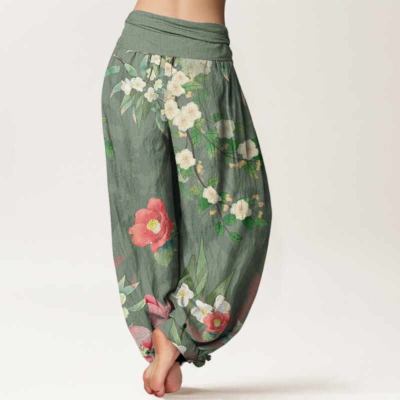 Mythstone Vibrant Blooming Lotus Flower Lush Branches Women's Elastic Waist Harem Pants