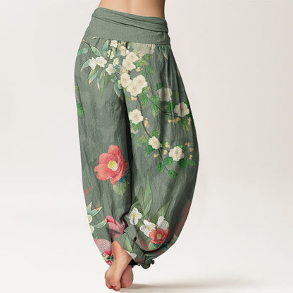 Mythstone Vibrant Blooming Lotus Flower Lush Branches Women's Elastic Waist Harem Pants