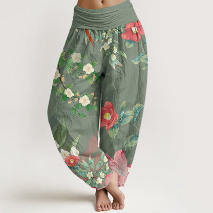 Mythstone Vibrant Blooming Lotus Flower Lush Branches Women's Elastic Waist Harem Pants