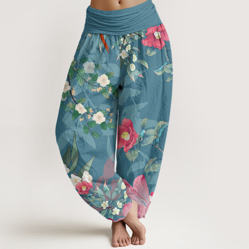 Mythstone Vibrant Blooming Lotus Flower Lush Branches Women's Elastic Waist Harem Pants