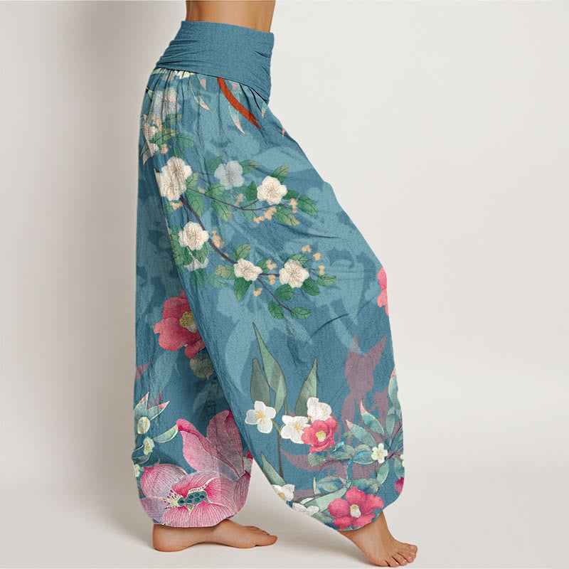 Mythstone Vibrant Blooming Lotus Flower Lush Branches Women's Elastic Waist Harem Pants