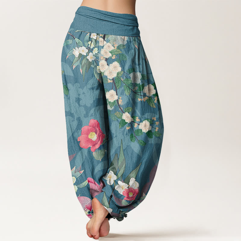 Mythstone Vibrant Blooming Lotus Flower Lush Branches Women's Elastic Waist Harem Pants