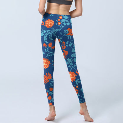 Mythstone Steel Blue Red Tulips Flowers Leaves Print Gym Leggings Women's Yoga Pants