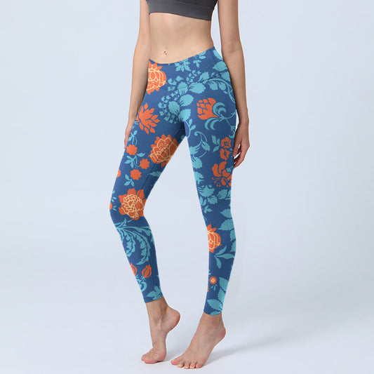 Mythstone Steel Blue Red Tulips Flowers Leaves Print Gym Leggings Women's Yoga Pants