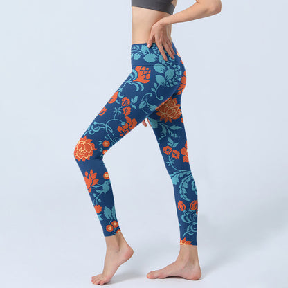 Mythstone Steel Blue Red Tulips Flowers Leaves Print Gym Leggings Women's Yoga Pants