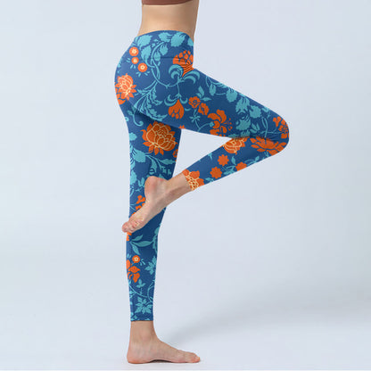 Mythstone Steel Blue Red Tulips Flowers Leaves Print Gym Leggings Women's Yoga Pants