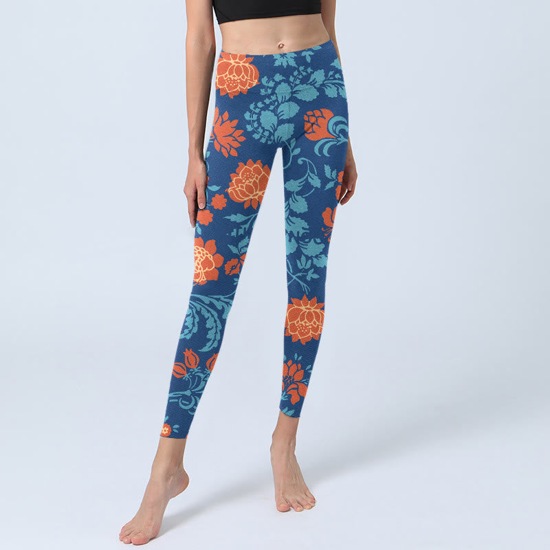 Mythstone Steel Blue Red Tulips Flowers Leaves Print Gym Leggings Women's Yoga Pants