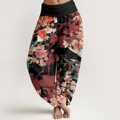 Mythstone Red Pink Blooming Flowers Lush Branches Women's Elastic Waist Harem Pants