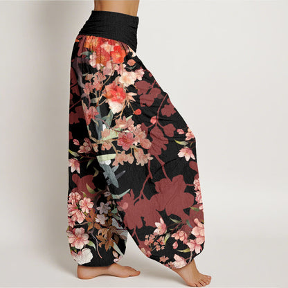 Mythstone Red Pink Blooming Flowers Lush Branches Women's Elastic Waist Harem Pants