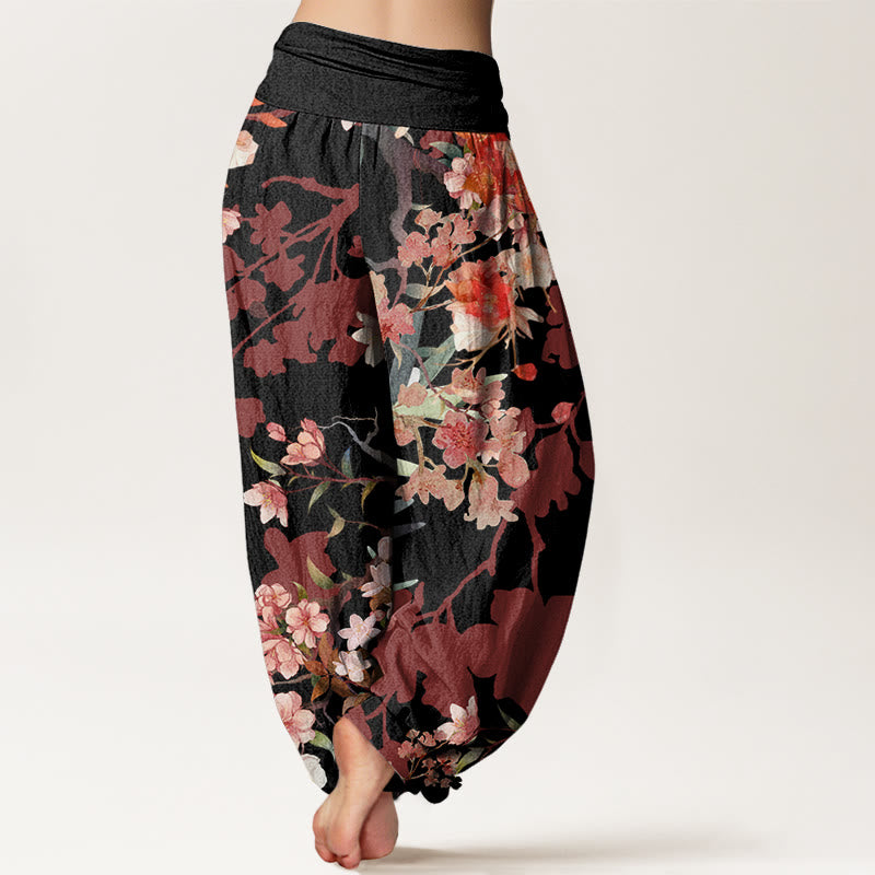 Mythstone Red Pink Blooming Flowers Lush Branches Women's Elastic Waist Harem Pants