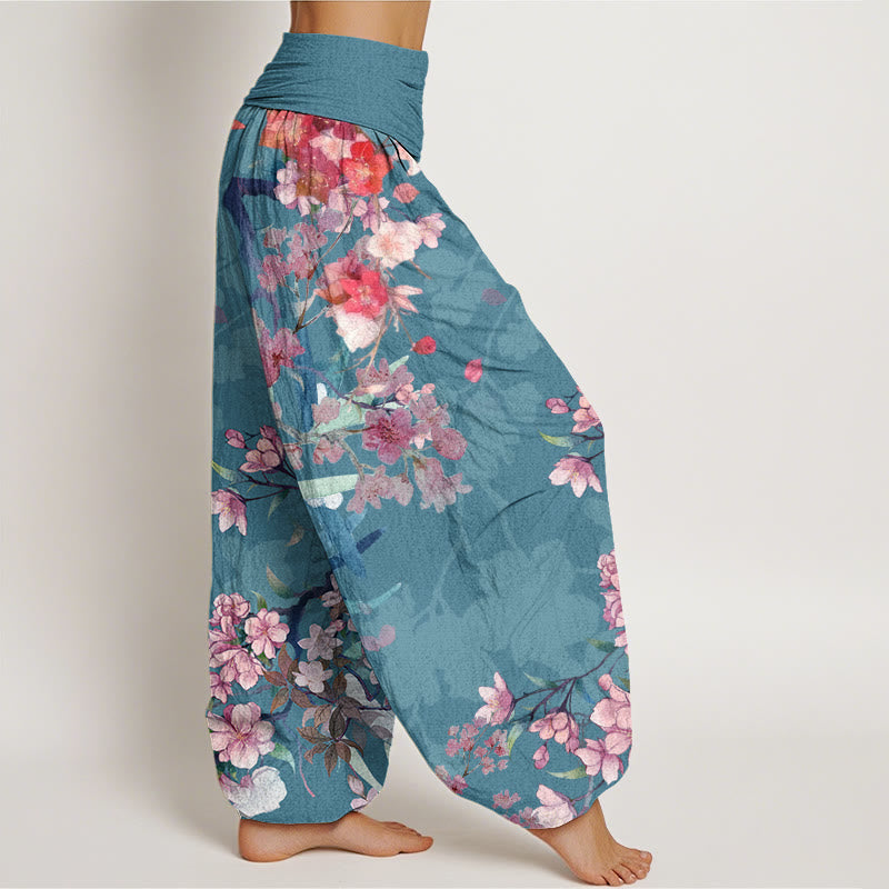 Mythstone Red Pink Blooming Flowers Lush Branches Women's Elastic Waist Harem Pants