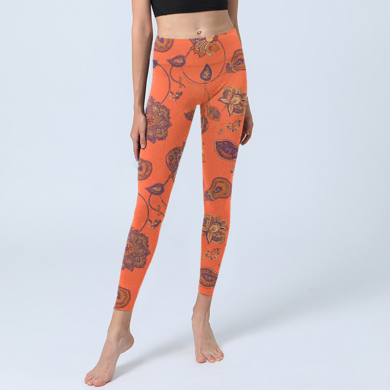 Mythstone Orange Maple Leaves Flowers Print Gym Leggings Women's Yoga Pants