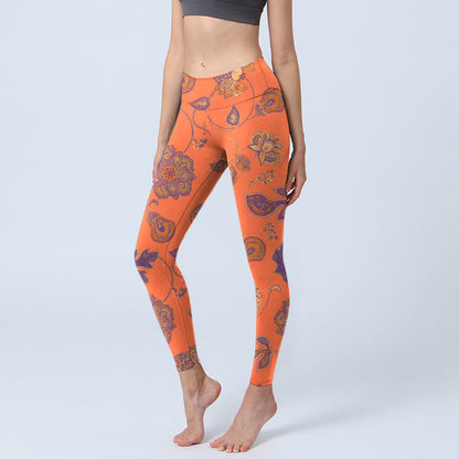 Mythstone Orange Maple Leaves Flowers Print Gym Leggings Women's Yoga Pants