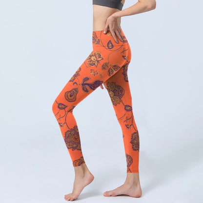 Mythstone Orange Maple Leaves Flowers Print Gym Leggings Women's Yoga Pants