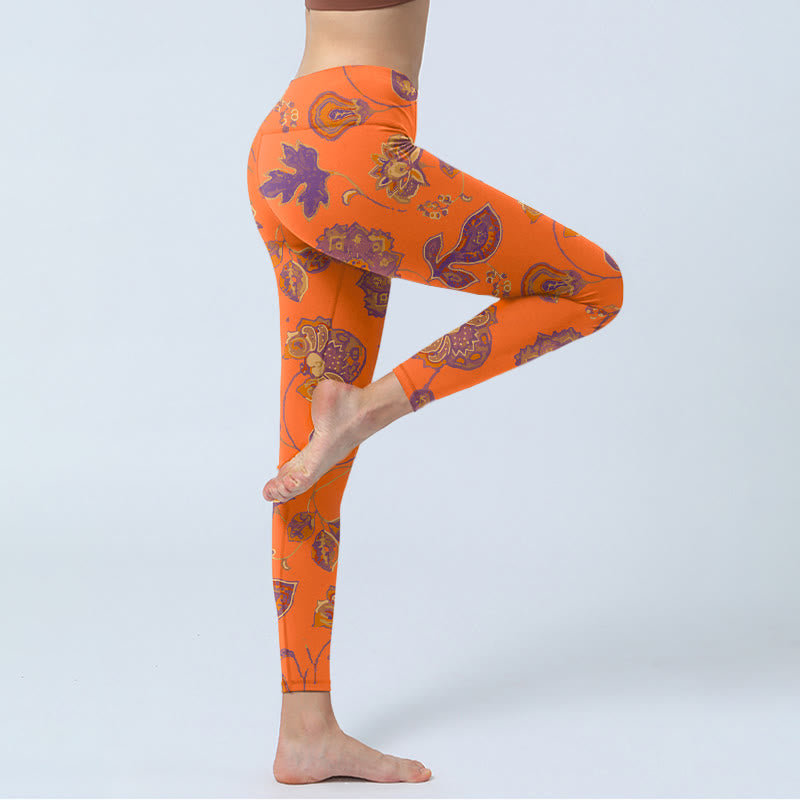 Mythstone Orange Maple Leaves Flowers Print Gym Leggings Women's Yoga Pants