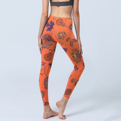 Mythstone Orange Maple Leaves Flowers Print Gym Leggings Women's Yoga Pants