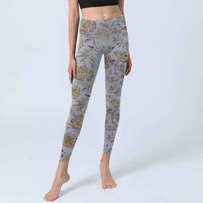 Mythstone Grey Green Leaves Flowers Print Gym Leggings Women's Yoga Pants