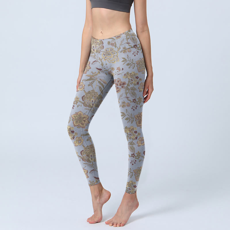 Mythstone Grey Green Leaves Flowers Print Gym Leggings Women's Yoga Pants