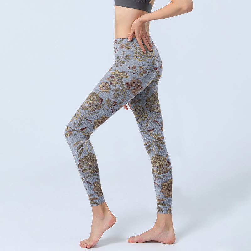 Mythstone Grey Green Leaves Flowers Print Gym Leggings Women's Yoga Pants