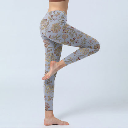 Mythstone Grey Green Leaves Flowers Print Gym Leggings Women's Yoga Pants