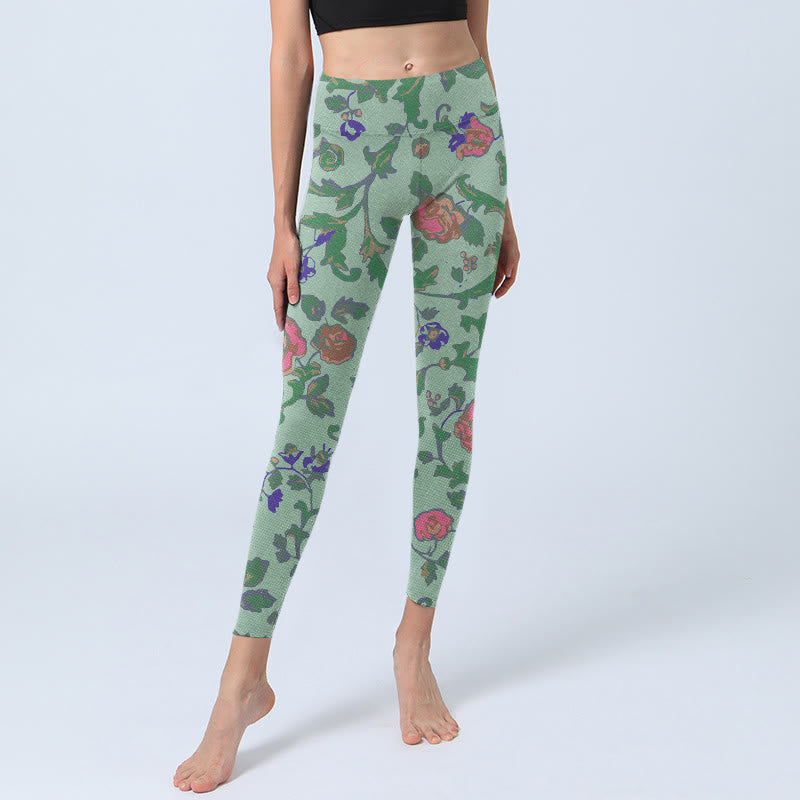 Mythstone Green Red Roses Green Leaves Print Gym Leggings Women's Yoga Pants