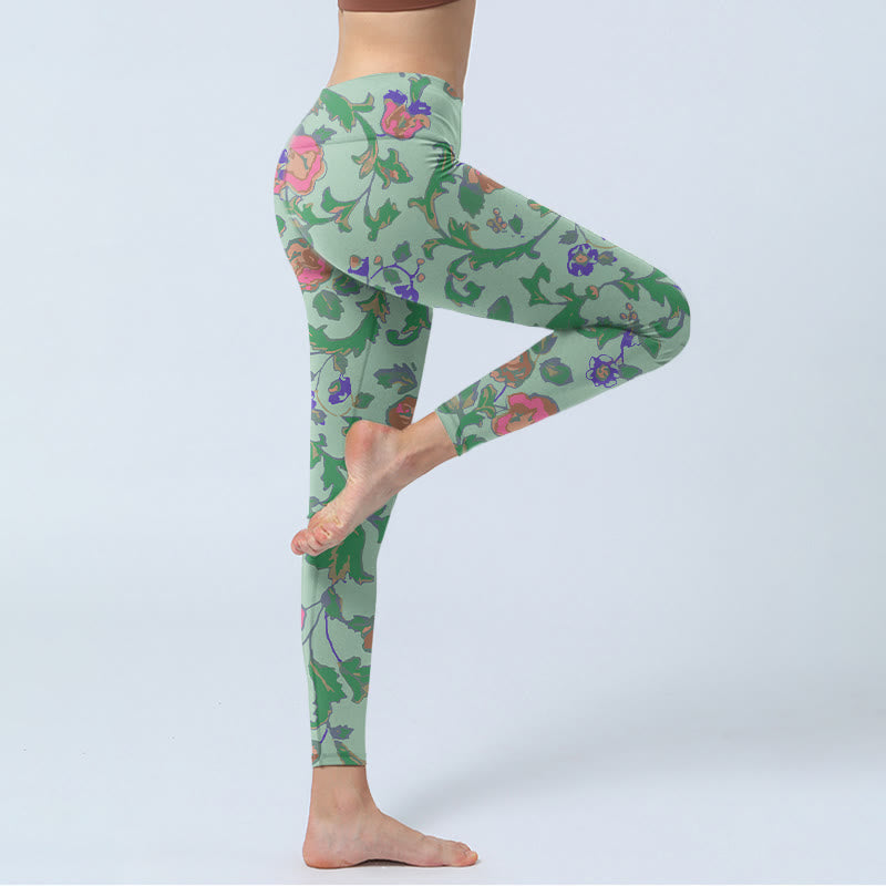 Mythstone Green Red Roses Green Leaves Print Gym Leggings Women's Yoga Pants