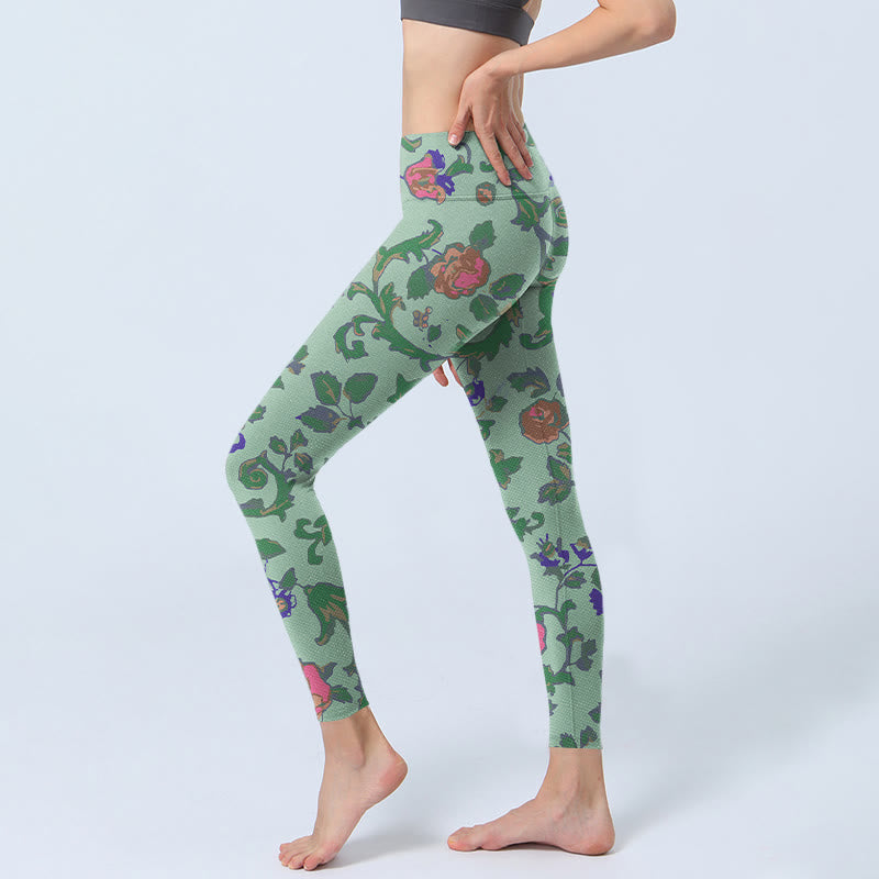 Mythstone Green Red Roses Green Leaves Print Gym Leggings Women's Yoga Pants