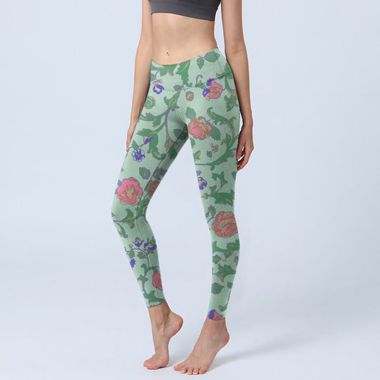 Mythstone Green Red Roses Green Leaves Print Gym Leggings Women's Yoga Pants