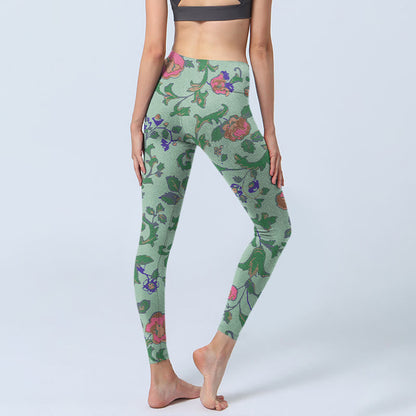 Mythstone Green Red Roses Green Leaves Print Gym Leggings Women's Yoga Pants