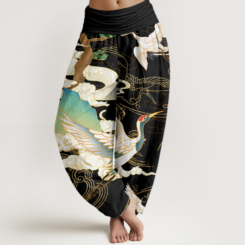 Mythstone Flying Cranes Auspicious Clouds Tree women's Elastic Waist Harem Pants