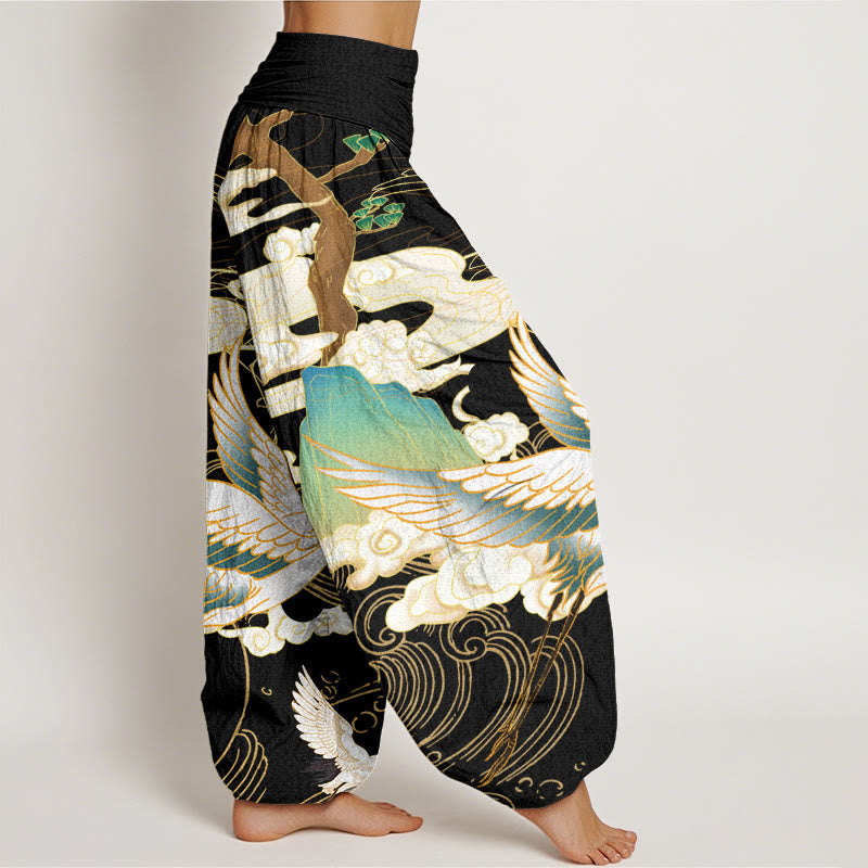 Mythstone Flying Cranes Auspicious Clouds Tree women's Elastic Waist Harem Pants