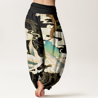 Mythstone Flying Cranes Auspicious Clouds Tree women's Elastic Waist Harem Pants